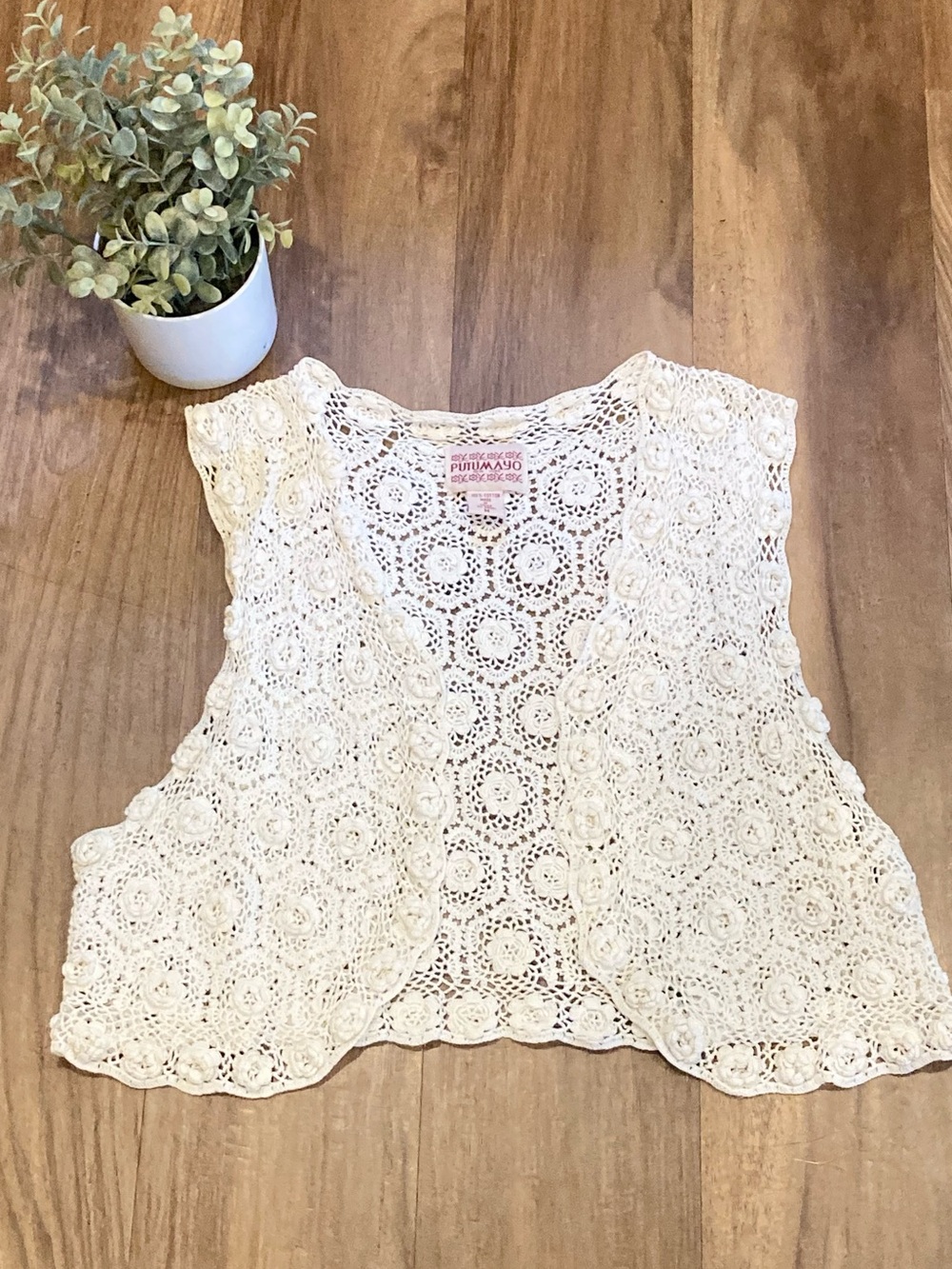 Ivory Crochet Open-Front Vest 100% Cotton Cottage Core Bohemian Style
